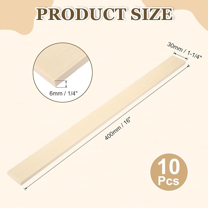 MECCANIXITY 10Pcs Wood Strips Slats, 1/4" x 1‑1/4" x 16" Thin Wood Sticks Flat