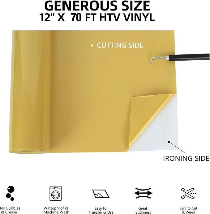 FUNKAKA Golden HTV Heat Transfer Vinyl Rolls, Adhesive HTV Vinyl