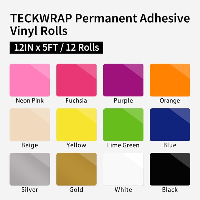 TECKWRAP Permanent Vinyl, Rainbow Sampler - 12in x 5ft Rolls 12 Colors