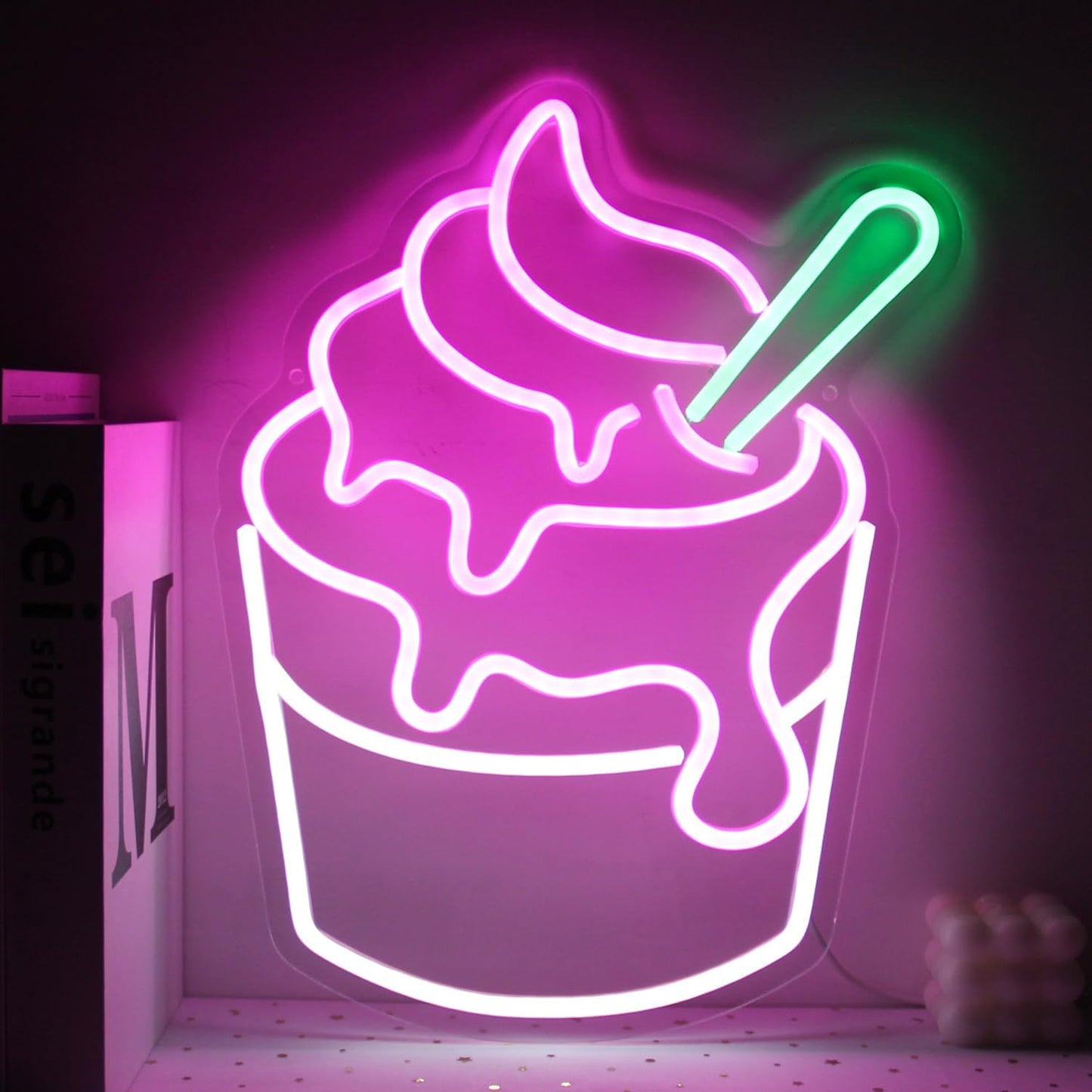 Ice Cream Neon Sign Pink White Sundae LED Neon Lights Signs Cupcake Neon Signs for Business Wall Decor Melting Ice Cream LED Signs for Bedroom Dessert Shop Restaurant Store Bar Decoration