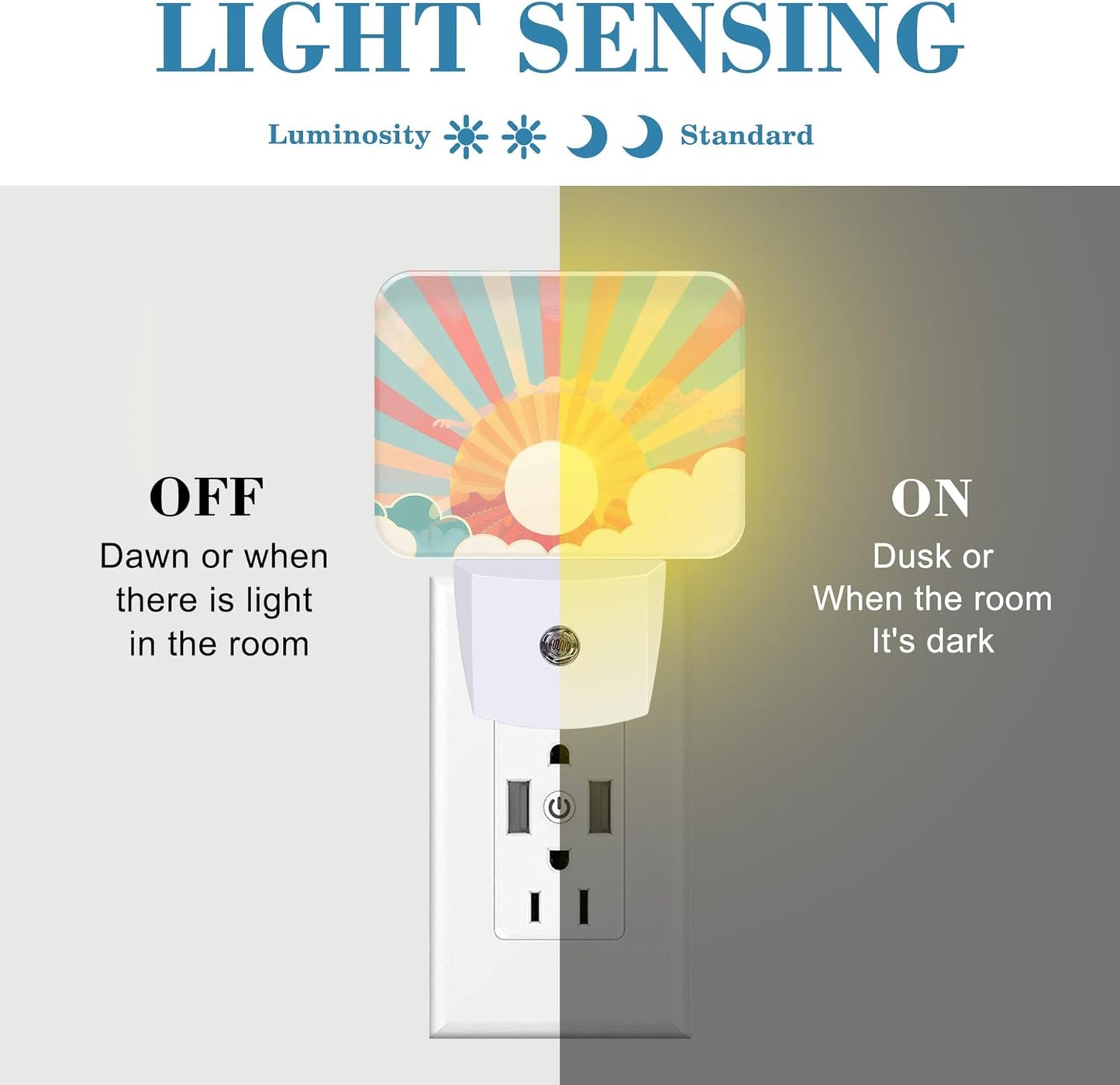 Boho Pastel Sun Night Light Retro Sunrise Nightlight Plug into Wall with Dusk to Dawn Sensor for Kid Girls Boys Women Men Room, Hallway, Kitchen, Bathroom, Stairs Decor