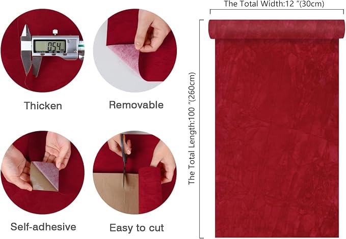 CHIHUT 12''x100'' Red Self Adhesive Velvet Flocking Liner