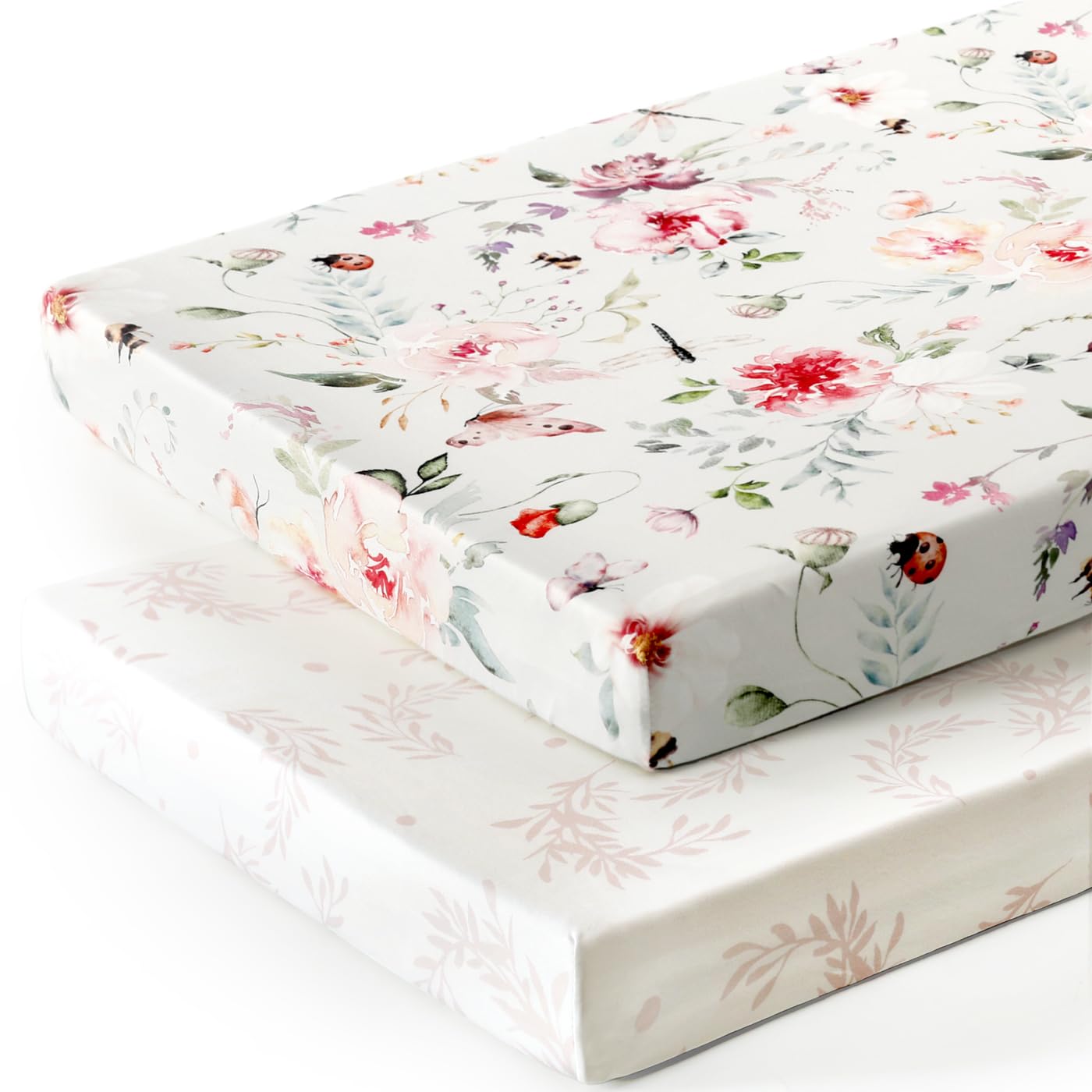 Fitted Pack n Play Sheets Set 2 Pack, Stretchy Ultra Soft Jersey Knit Portable/Mini Crib Sheets for Girls, Universal Fit for Pack N Plays Safe and Snug, Beautiful Flowers and Insects Pattern for Baby