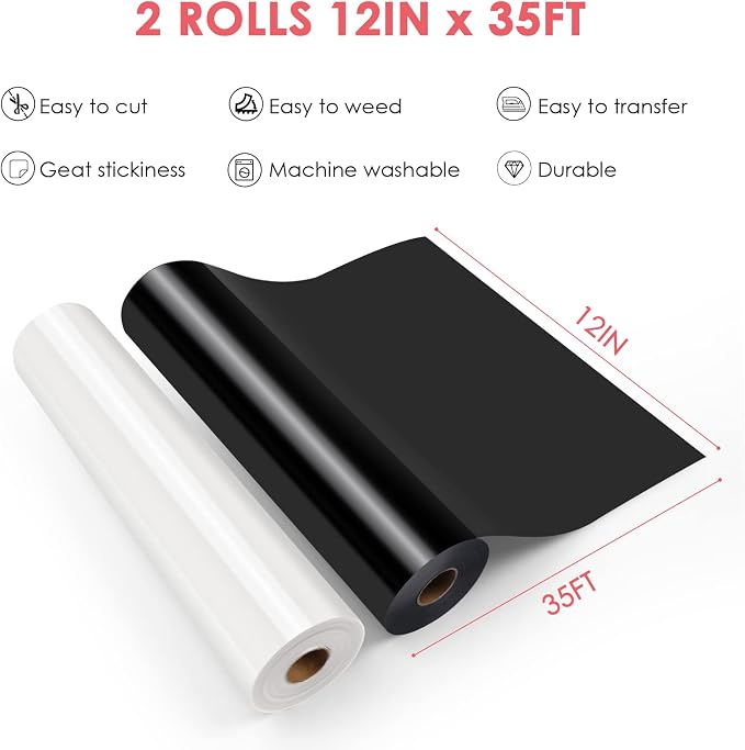 HTVRONT HTV Vinyl Rolls Black HTV and White Heat Transfer Vinyl 12" x 35ft |