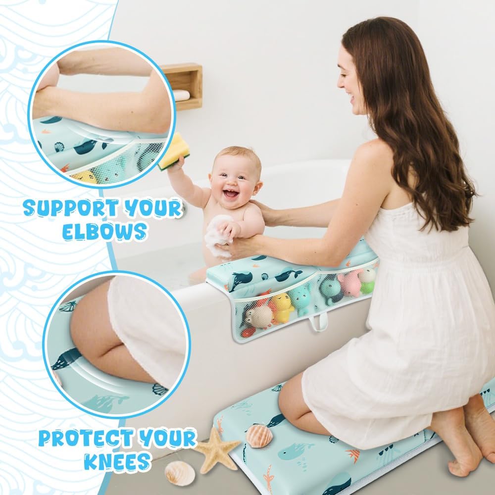SKEFOLI Baby Bath Kneeler and Elbow Rest Pad Set,1.5" Thick Baby Bath Kneeler Pads with Toys Organizer, Pads to Support The Arm, Essentials, Ideal Kneeling Pad for Bathing