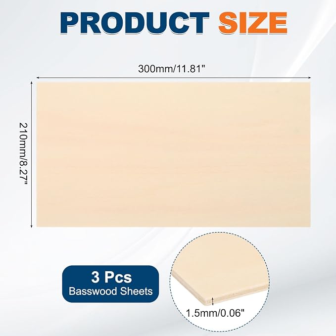 MECCANIXITY 3 Pcs Basswood Sheets 12 x 8 x 1/16 Inch Unfinished Wood Boards