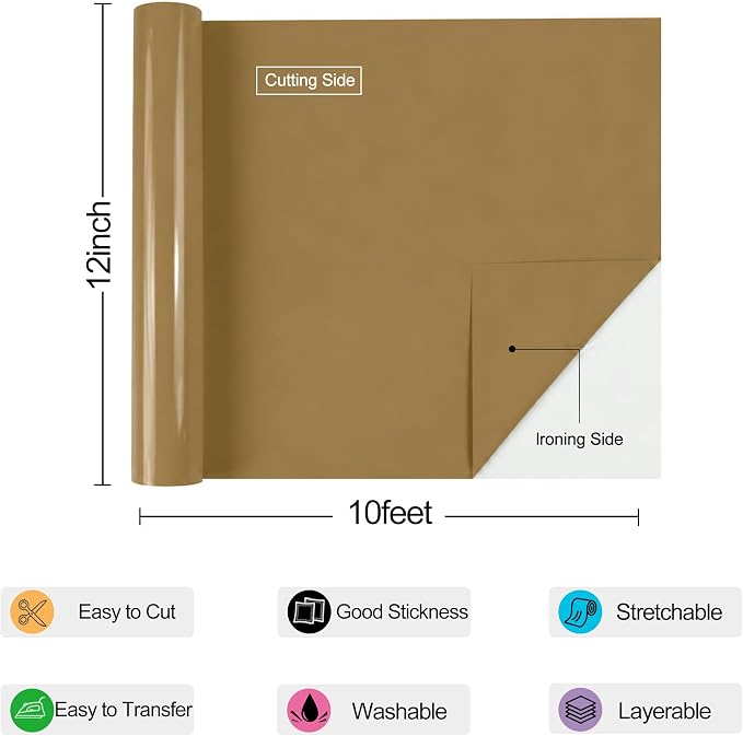 guangyintong Heat Transfer Vinyl Rolls 12" x 10ft, PU Coffee Brown HTV Vinyl