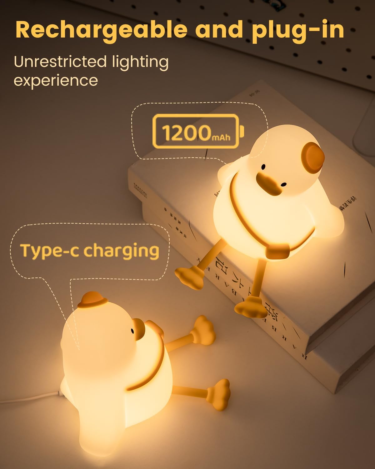 Kids Night Light Duck Design, Silicone Tap Control Bedside Lamp with Time Auto-Off, Cute Portable LED Nursery Light for Baby, Toddler, Bedroom