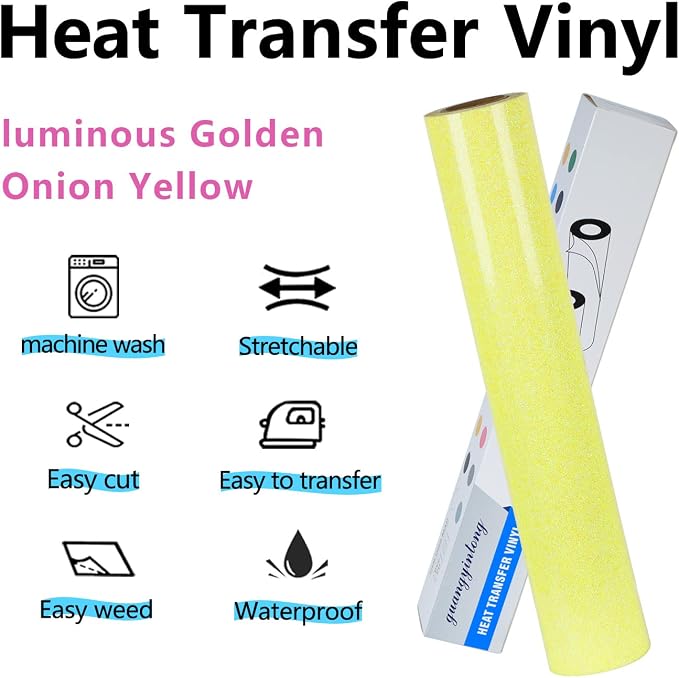 guangyintong Heat Transfer Vinyl Glow Glitter Light Yellow HTV Rolls, Glitter
