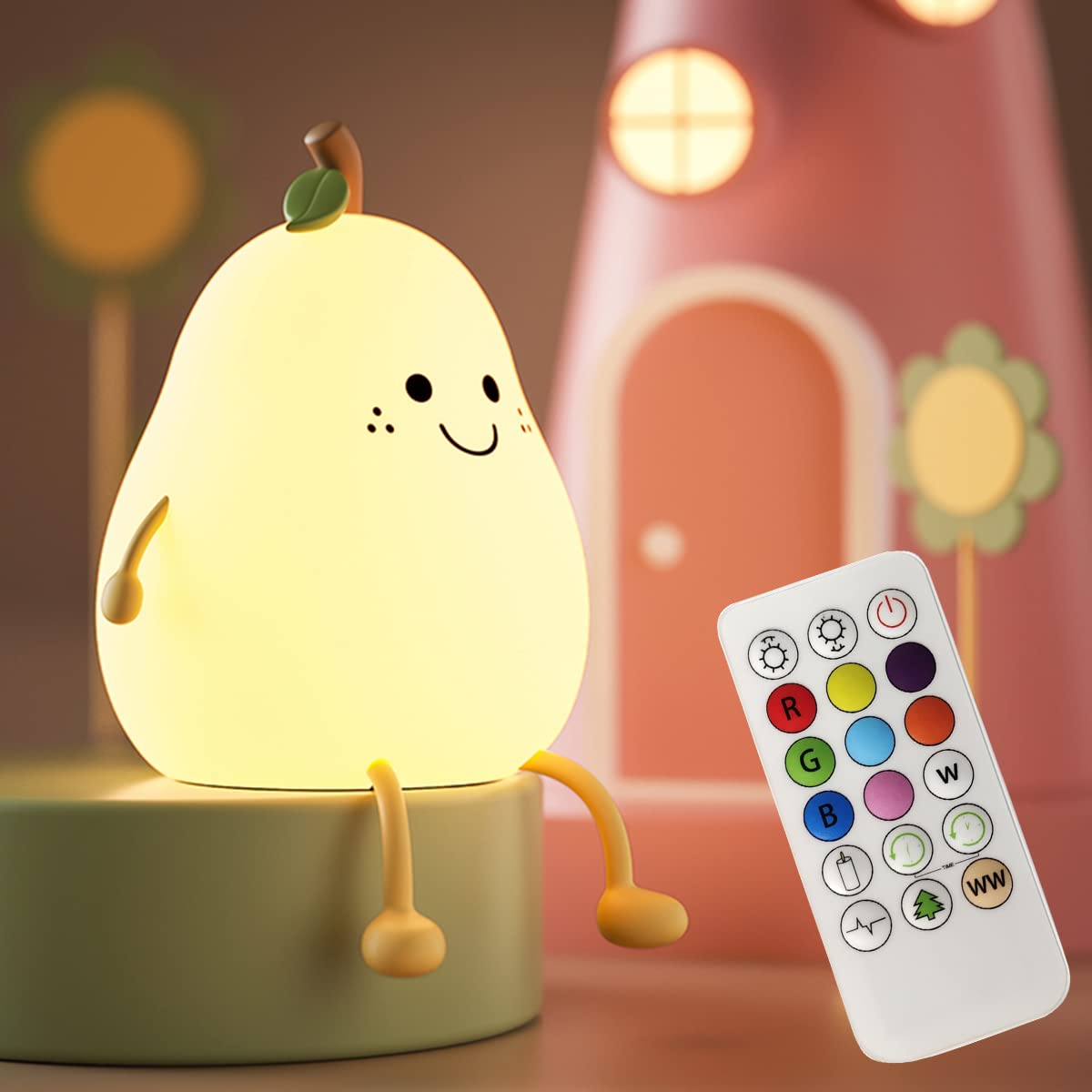 LED Cute Pear Night Light, Silicone Fruit Pear Lamp with Remote, Squishy Kawaii Bedside Cute Lamp, Adjustable Brightness NightLight for Bedroom, Rechargeable Soft Glow NightLight for Room Decoration