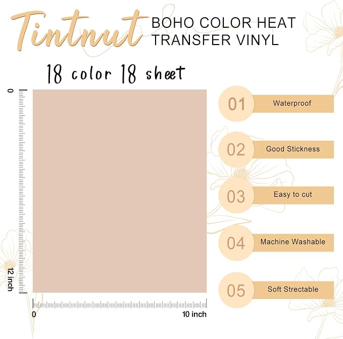 Tintnut Boho HTV Heat Transfer Vinyl, 18 Sheets 12×10in Iron on Vinyl | Neutral