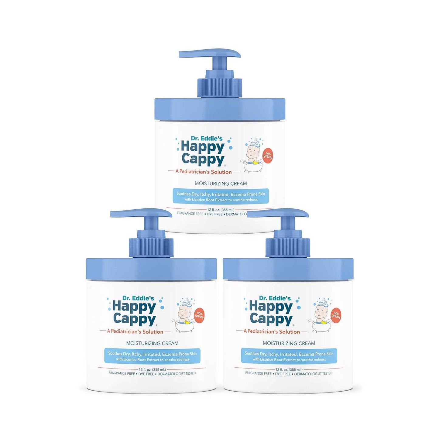 Happy Cappy Dr. Eddie's Moisturizing Cream - Baby Eczema Cream, Eczema Lotion for Kids, Pediatrician-Formulated, Gentle, Paraben Free, Hypoallergenic, Soothes Dry Skin - 12 Fl Oz (Pack of 3)