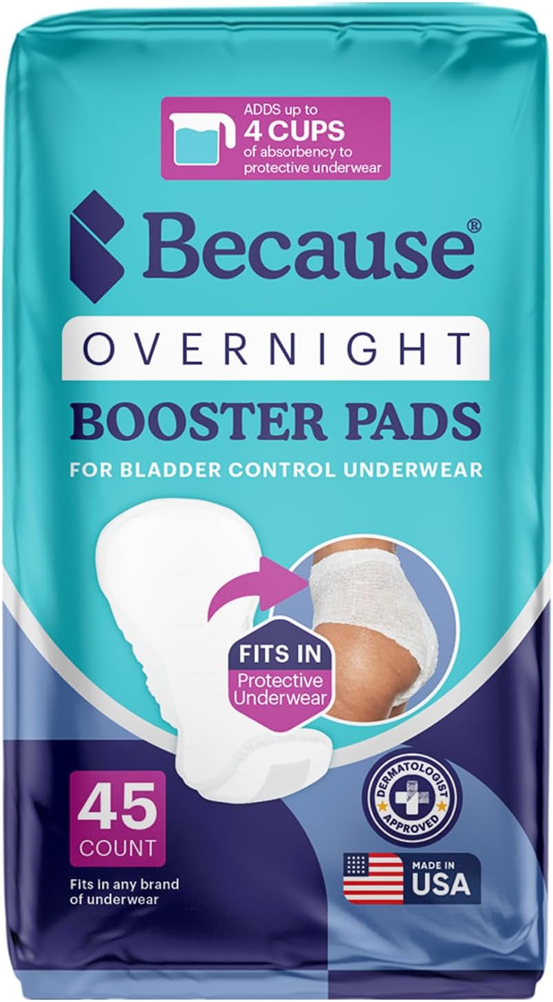 Because Overnight Booster Pads Fit All Adult Diapers, Helps Keep Your Adult Diaper Active All Night, Adds 4 Cups to Incontinence Underwear, Extra Absorbency, 45 Count