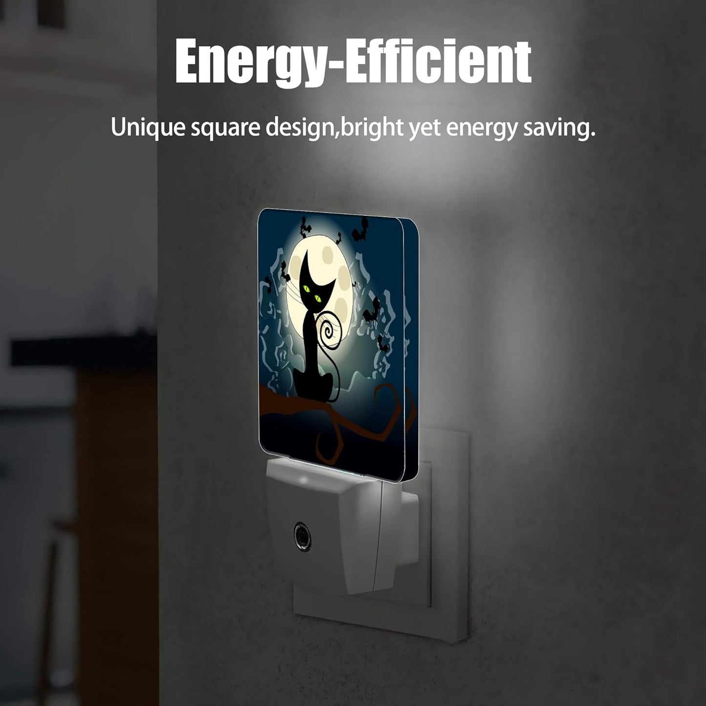 Black Cat Fantasy Halloween Night Light, Full Moon Bats Night Lights Plug into Wall Decorations for Bedroom, Bathroom, Kitchen, Dusk to Dawn Sensor Nightlights for Boys Girls Women Men Room Gifts