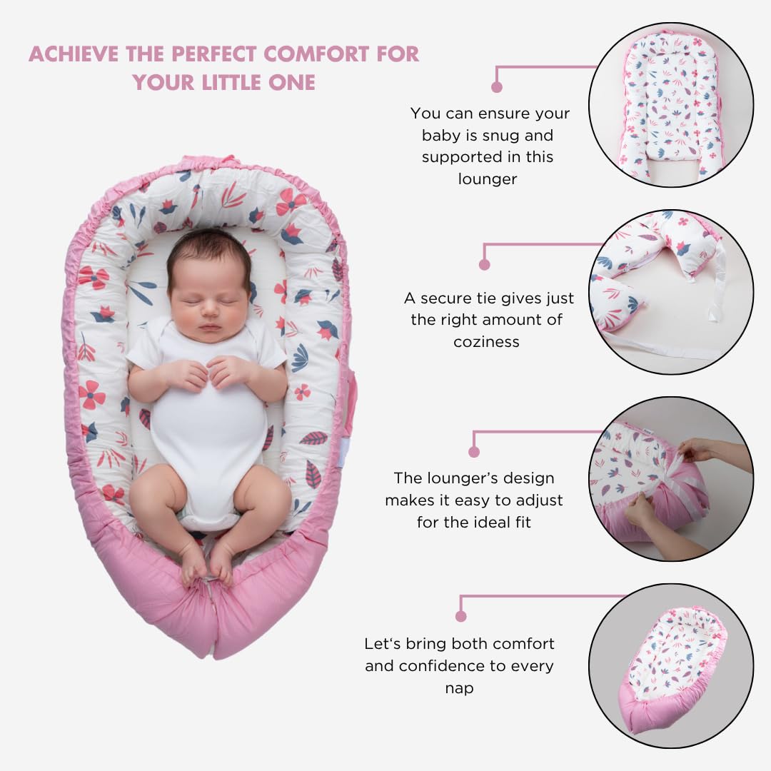 TKC Baby Lounger 0-24 Months | Adjustable Infant Lounger | Breathable Organic Cotton Cover | Reversible Floral Pattern | Includes Matching Swaddle Blanket | Portable Baby Nest