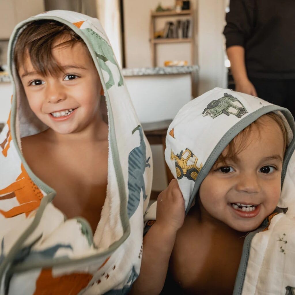 Little Unicorn Premium Hooded Bath Towel| Absorbent Cotton & Terry Blend | Larger Size, 1-6 Years (Dino Names)