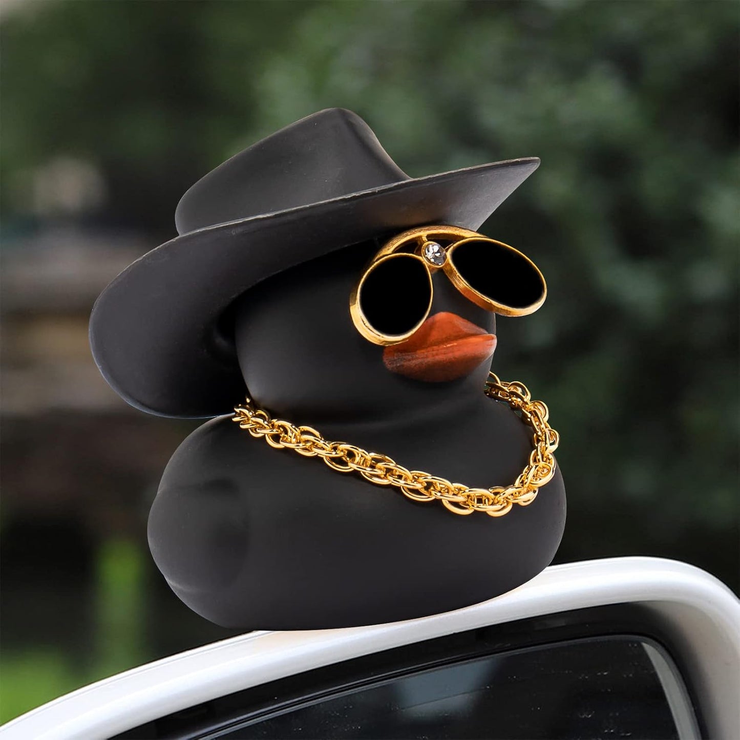 wonuu 2Pcs Car Dashboard Decorations Color Ducks, Rubber Duck for Car Ornament Accessories with Mini Hat Sunglasses Necklace and Swim Ring, A_Black Duck+Black Cowboy&Black Spots Cowboy