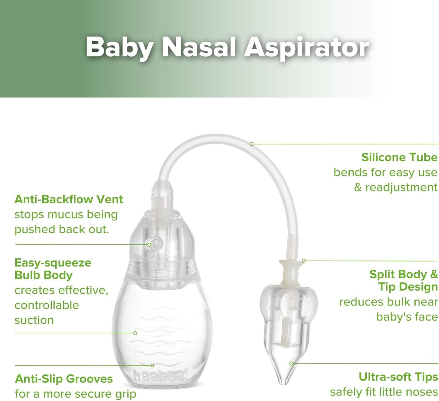 haakaa Silicone Nasal Aspirator for Baby – Baby Nose Sucker, Swan Neck Nasal Aspirator with Anti-Backflow Valve, BPA-Free Nose Cleaner, 12m+