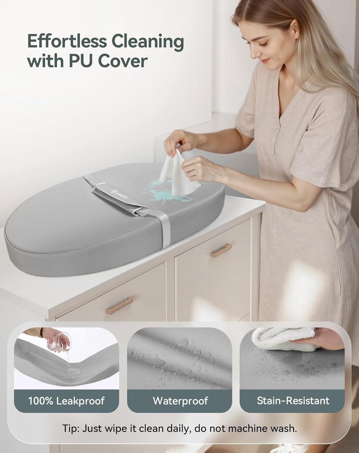 COMOMY Baby Changing Pad with Wipeable & Waterproof PU Cover, Contoured Diaper Changing Pad for Dresser with Non-Slip Safety Belt, Portable and Lightweight, Large Cushioned Foam, Gray