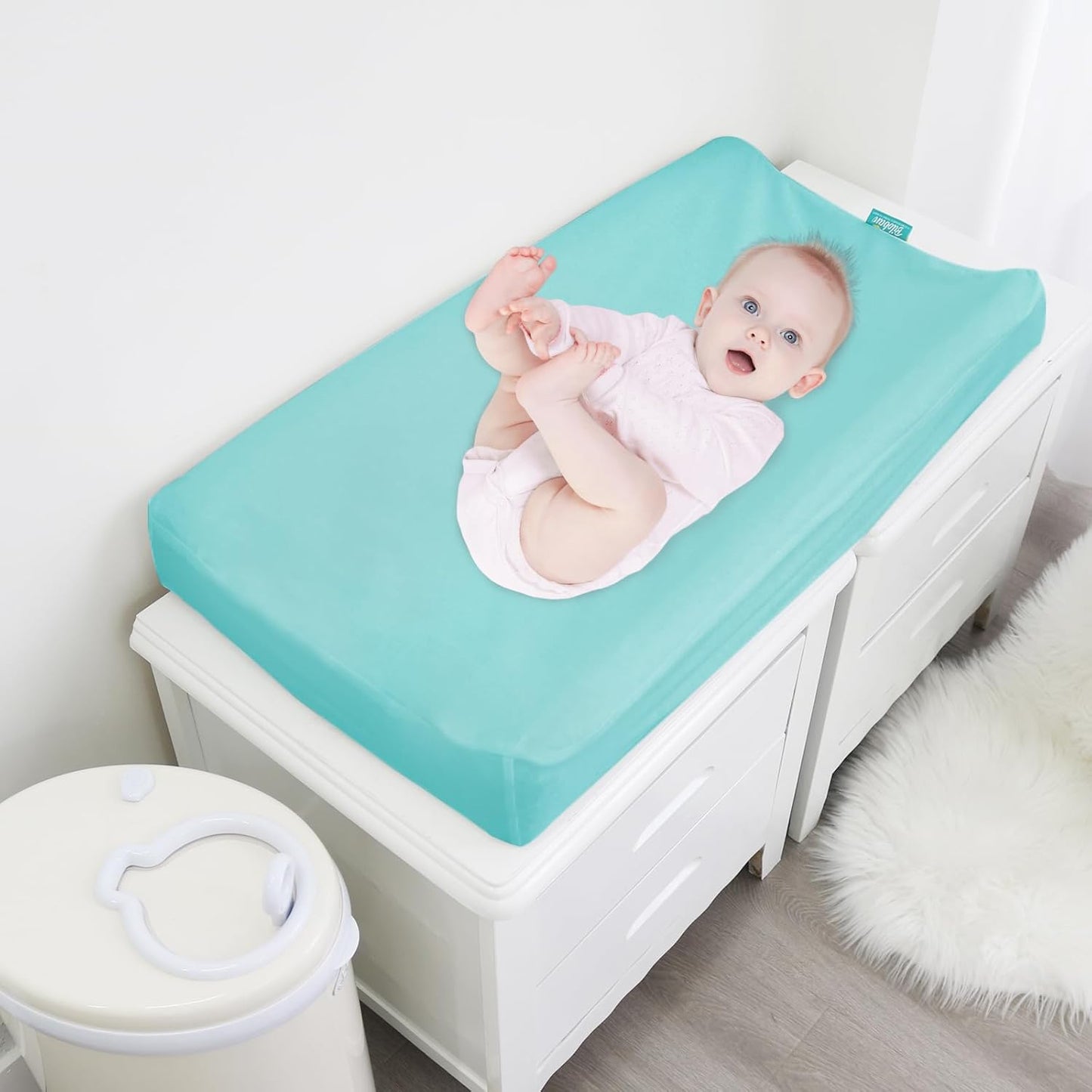 Changing Pad Cover Waterproof, 2 Pack Diaper Change Table Sheets for Baby Boys Girls, Fitted Cradle Sheets for 32"x16" Contoured Pad, Breathable & Ultra Soft, Aqua and Navy
