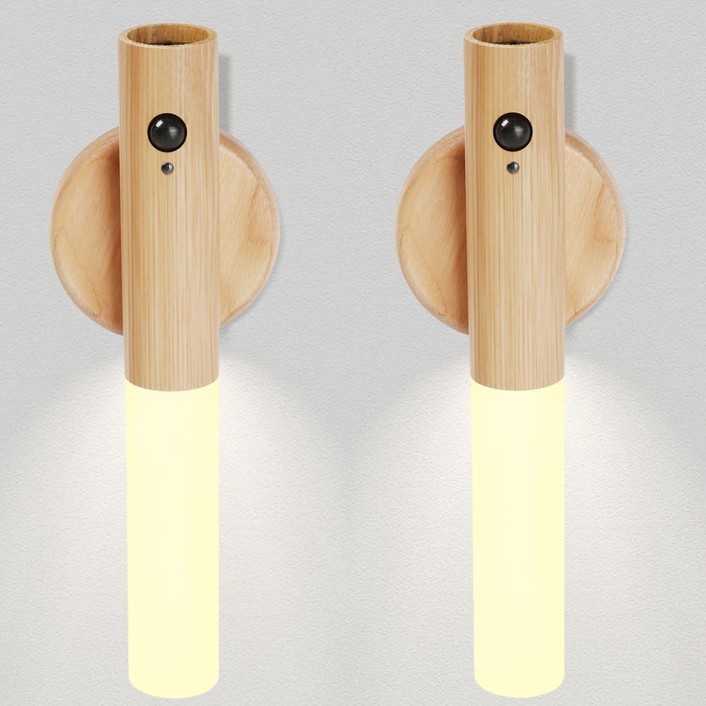 LANDGOO Nursery Night Lights 2 Pack - Baby Safe Motion Sensor with 2700K Warm Glow, Ash Wood Rechargeable Lamps for Bedroom & Nursery (Child-Safe Dual Room Coverage)