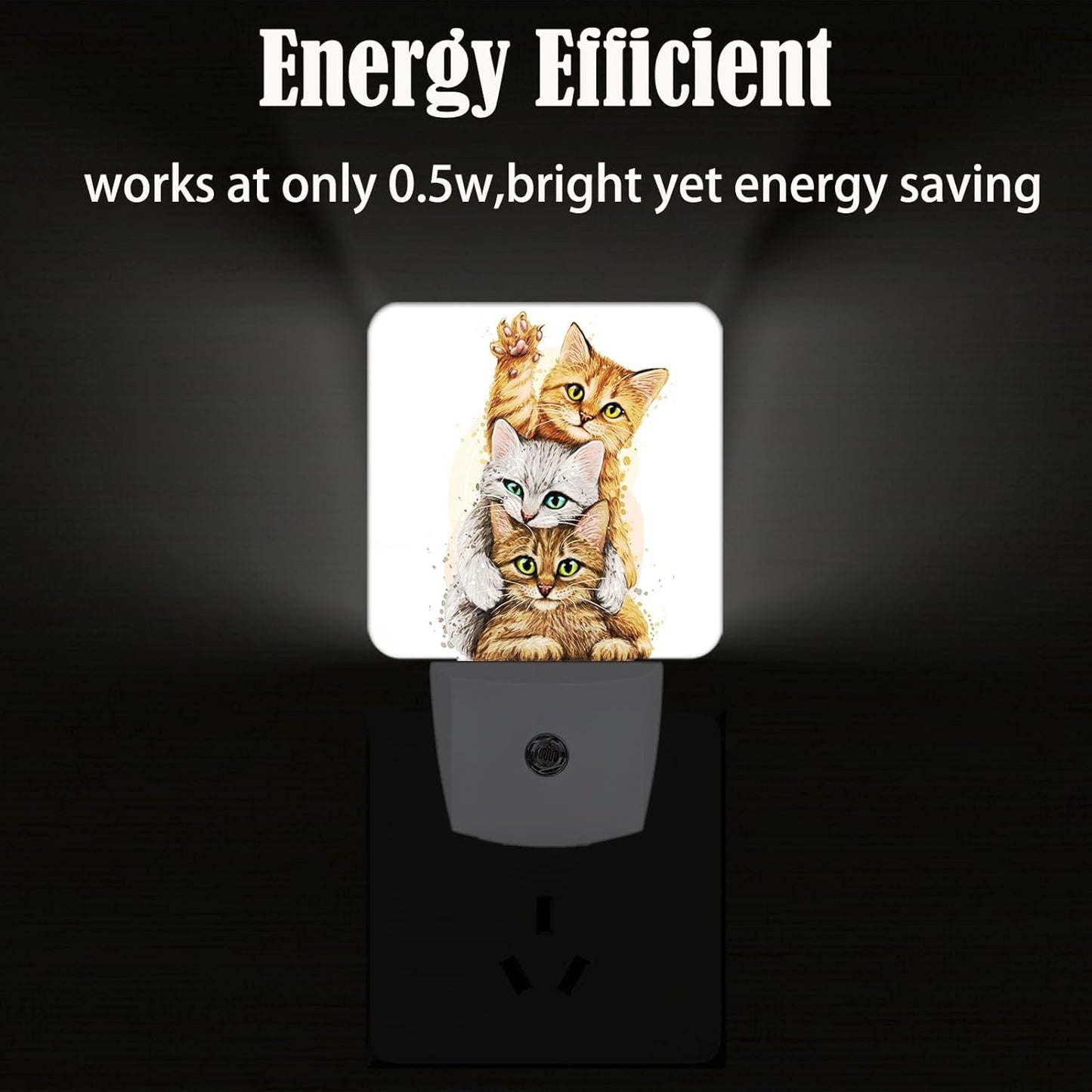 Three Cute Kittens Night Light,Plug Into Wall for Boys Girls Bedroom Decorative Square Night Light Lamp 0.5w Sleep Friendly