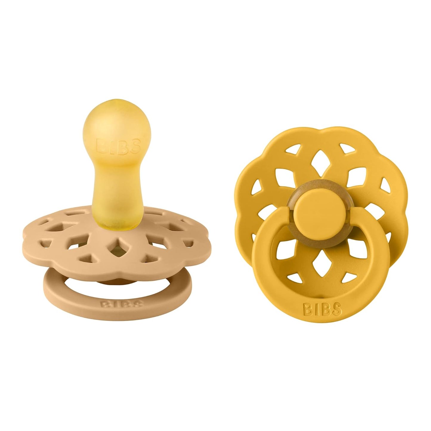 BIBS Boheme Pacifiers 2 Pack BPA Free Cherry Shape Nipple Size 2 (6-18 Months) Desert Sand/Honey Bee