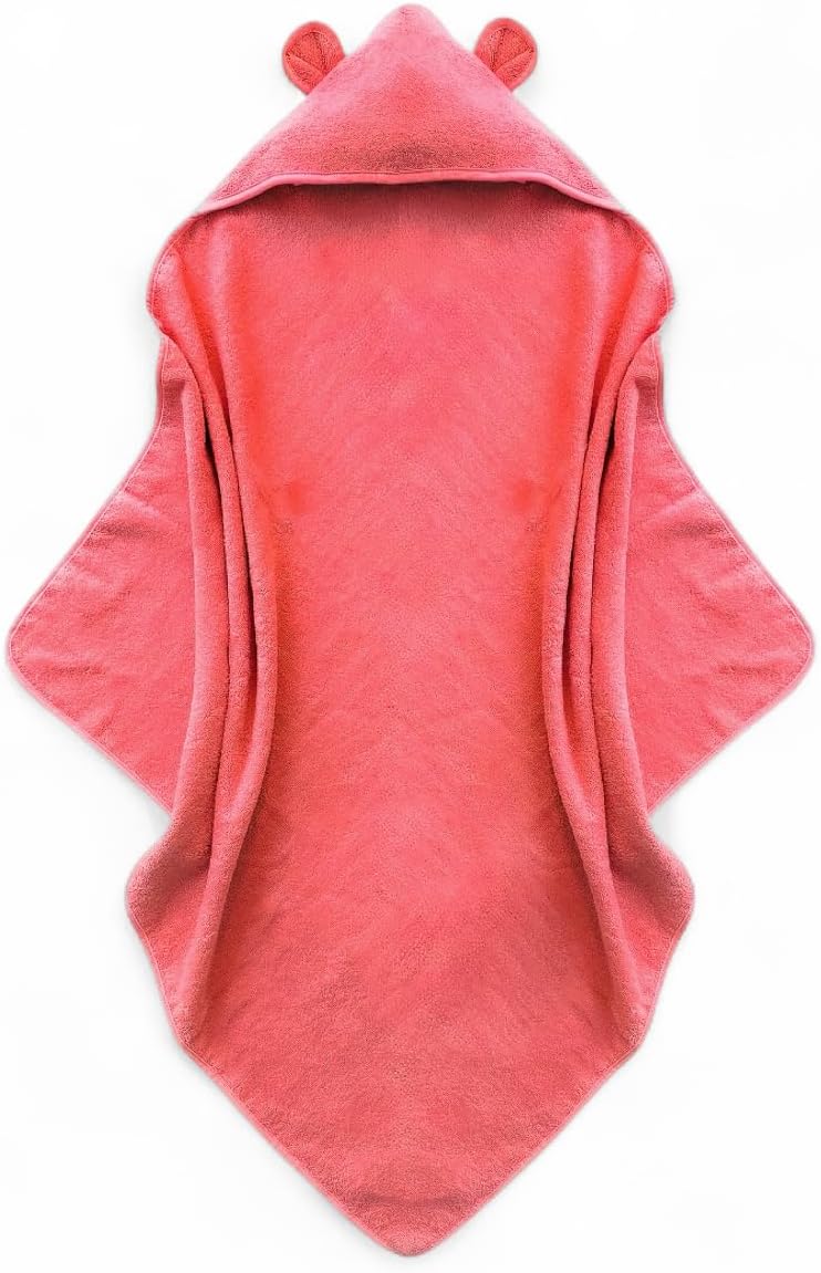 Organic Cotton Toddler Poncho Towel 33"x33" – Ultra-Soft Hooded Bath & Beach Towel with Bear Ears – Absorbent Kids Towel for Boys & Girls 0-5T, Premium for Pool, Bath & Travel (Coral)