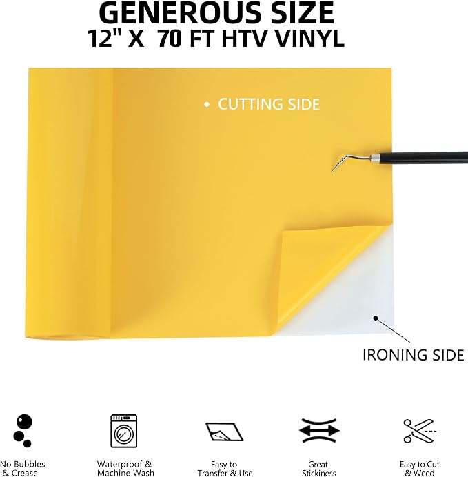 FUNKAKA Yellow HTV Heat Transfer Vinyl Rolls, Adhesive HTV Vinyl