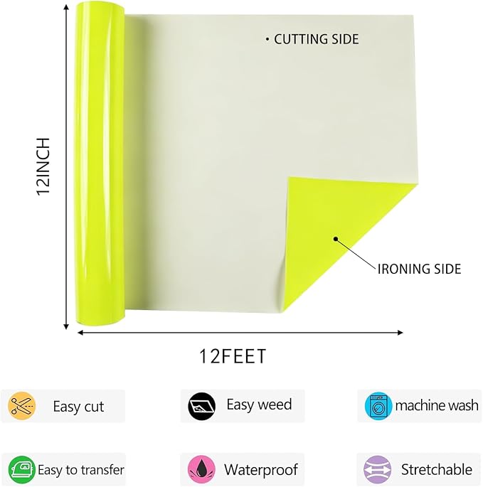 HTV Neon Yellow Iron on Vinyl 12Inch by 12ft Roll HTV Heat Transfer Vinyl