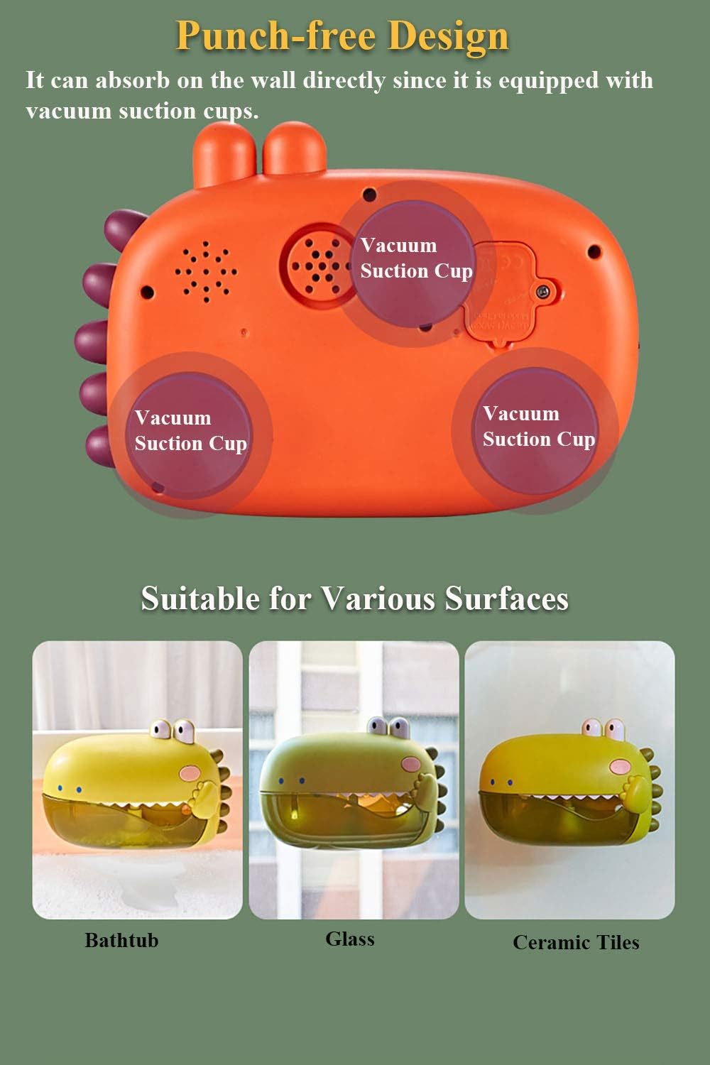 Electric Bathtub Bubble Machine, Kids Cute Cartoon Animal Dinosaur Bubble Blower Machine Alligator Bubble Maker Bath Toy with Music and Vacuum Suction Cups (Green)