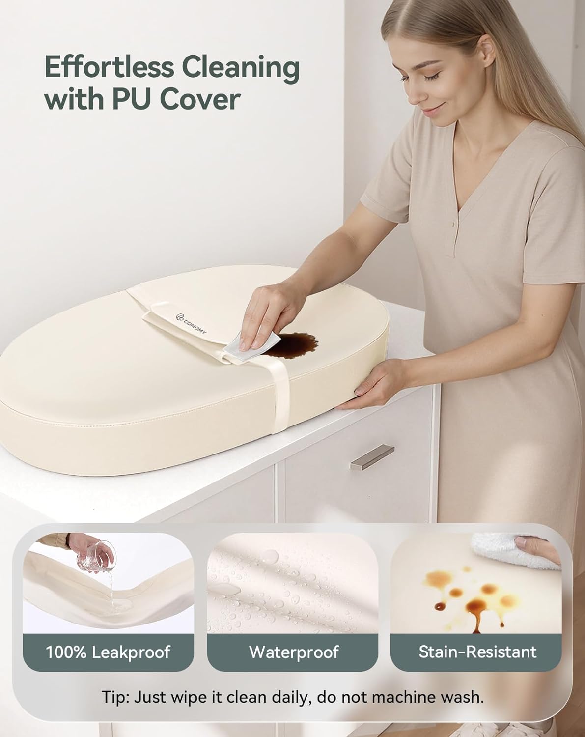 COMOMY Baby Changing Pad with Wipeable & Waterproof PU Cover, Contoured Diaper Changing Pad for Dresser with Non-Slip Safety Belt, Portable and Lightweight, Large Cushioned Foam, Beige