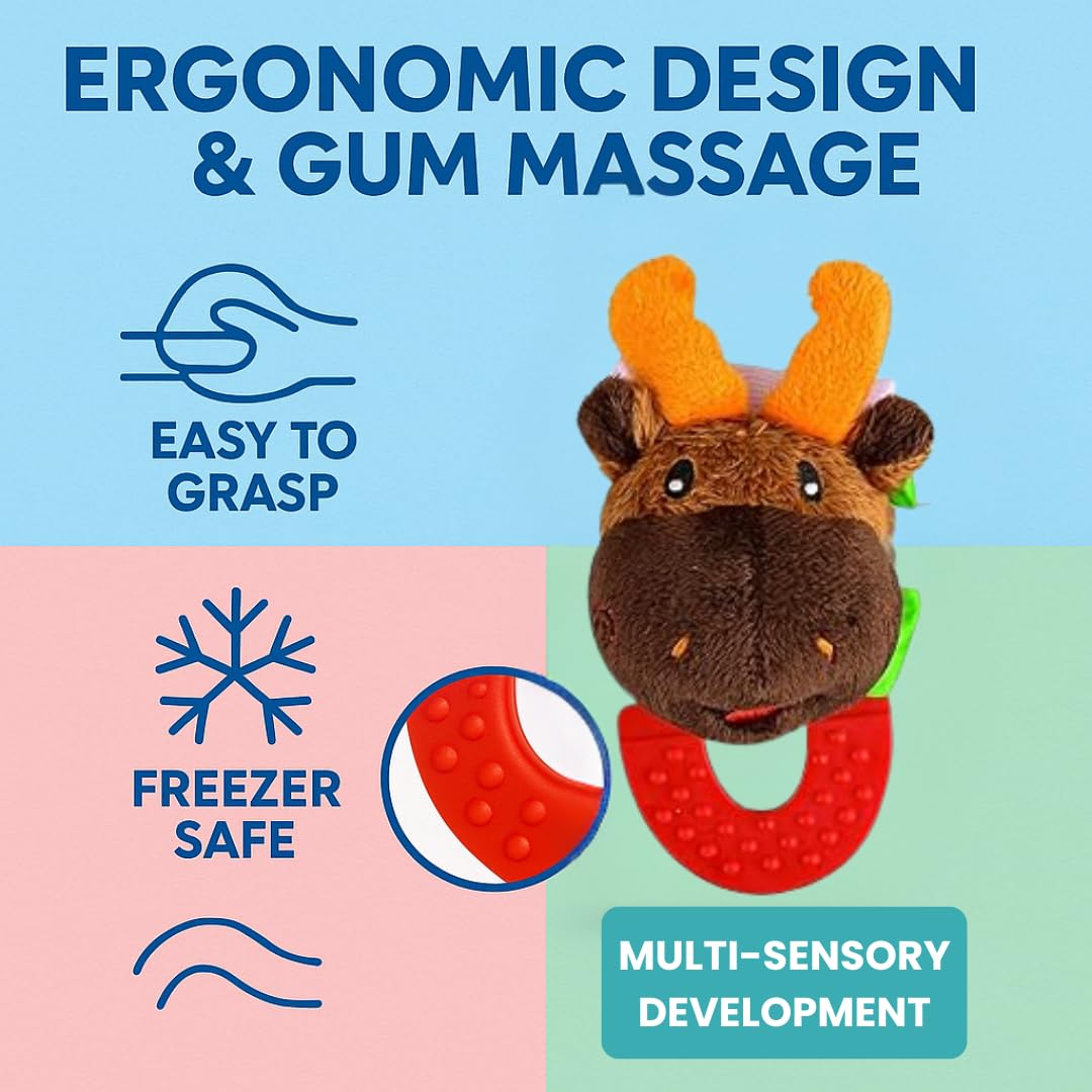 Wristy Buddy Teething Ring for Babies 0-6 8 10 12 Months | Cute Soft Moose Animal Teething Toys & Gloves | Baby Teething Relief Toy Pack | Infant Chew Toys for 3-6 Months, 1 2 3 Years