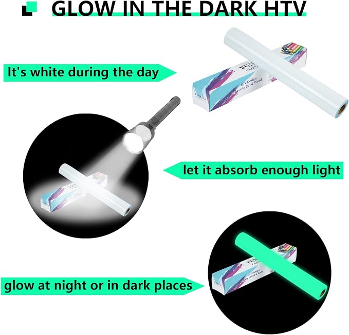 FUNKAKA Glow in The Dark Heat Transfer Vinyl Roll, Glow in The Dark HTV Vinyl