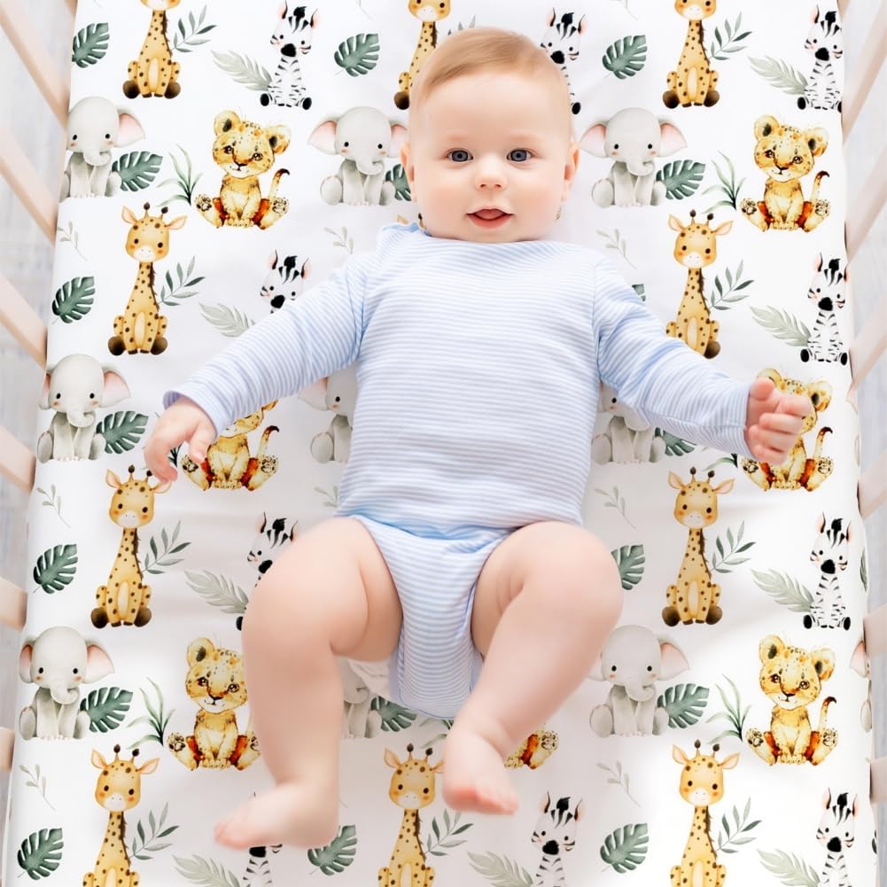 4 Pack Safari Jungle Animals Neutral Unisex Fitted Nursery Baby Sheets Set Toddler Mattress Sheets for Baby Boys or Girls (Crib Sheets)