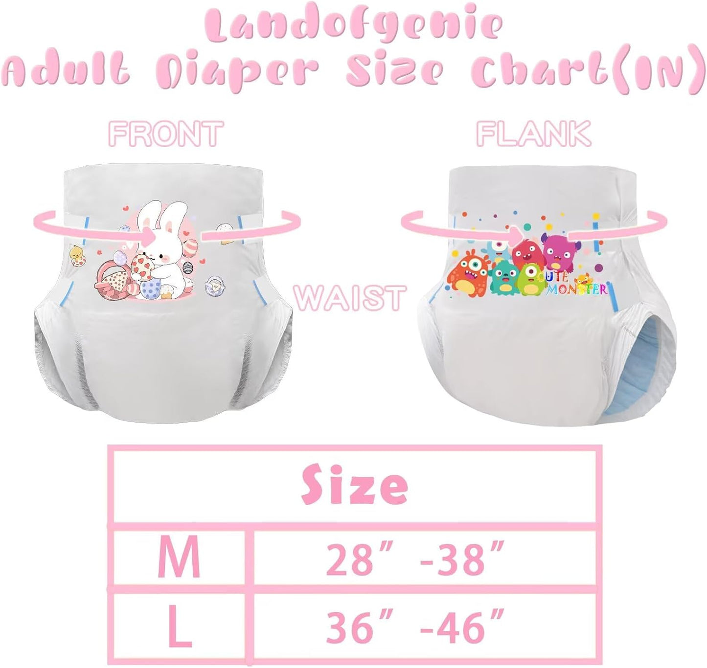 Landofgenie Adult Diapers with Tabs Unisex Overnight High Absorbency Diapers Pack of 2 (Medium 28"-38") - Happy Bunny and Little Monster