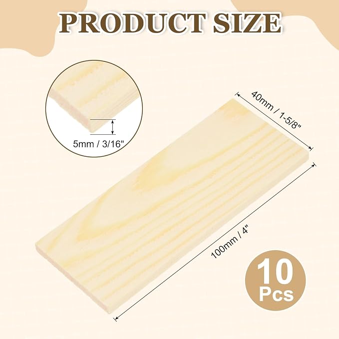 MECCANIXITY 10Pcs Wood Strips Slats, 3/16" x 1‑5/8" x 4" Thin Wood Sticks Flat