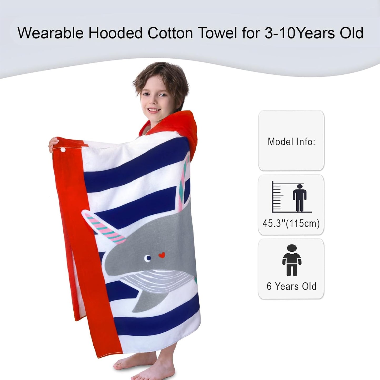 VOOVA & MOVAS Hooded Beach Towels for Kids,(3-10 Years, 30''X50),Absorbent 100% Cotton Towel Wrap for Boys, Perfect for Toddler Beach, Pool, Bath, Swimming, Hula-Hooping Narwhal