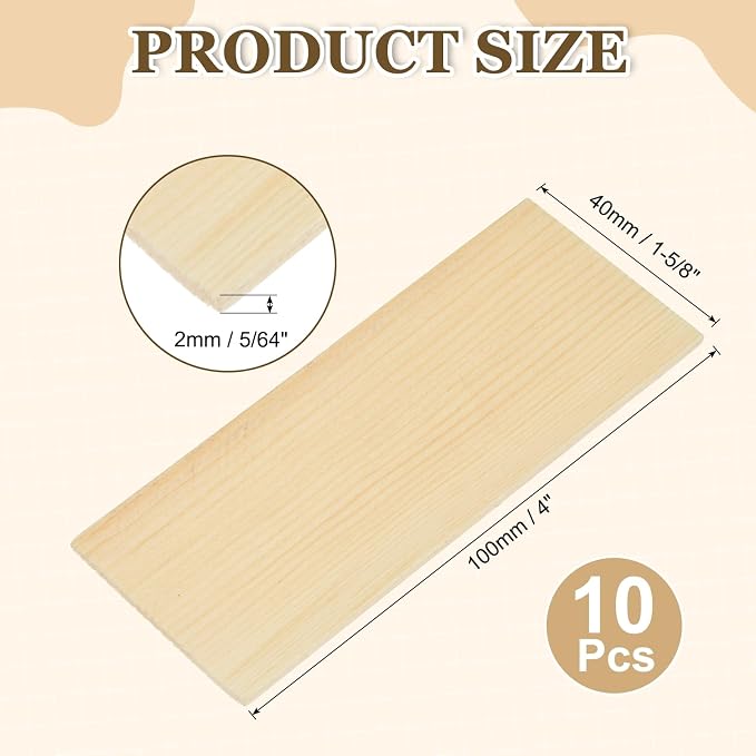 MECCANIXITY 10Pcs Wood Strips Slats, 5/64" x 1‑5/8" x 4" Thin Wood Sticks Flat