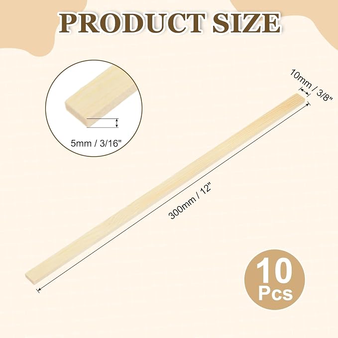 MECCANIXITY 10Pcs Wood Strips Slats, 3/16" x 3/8" x 12" Thin Wood Sticks Flat