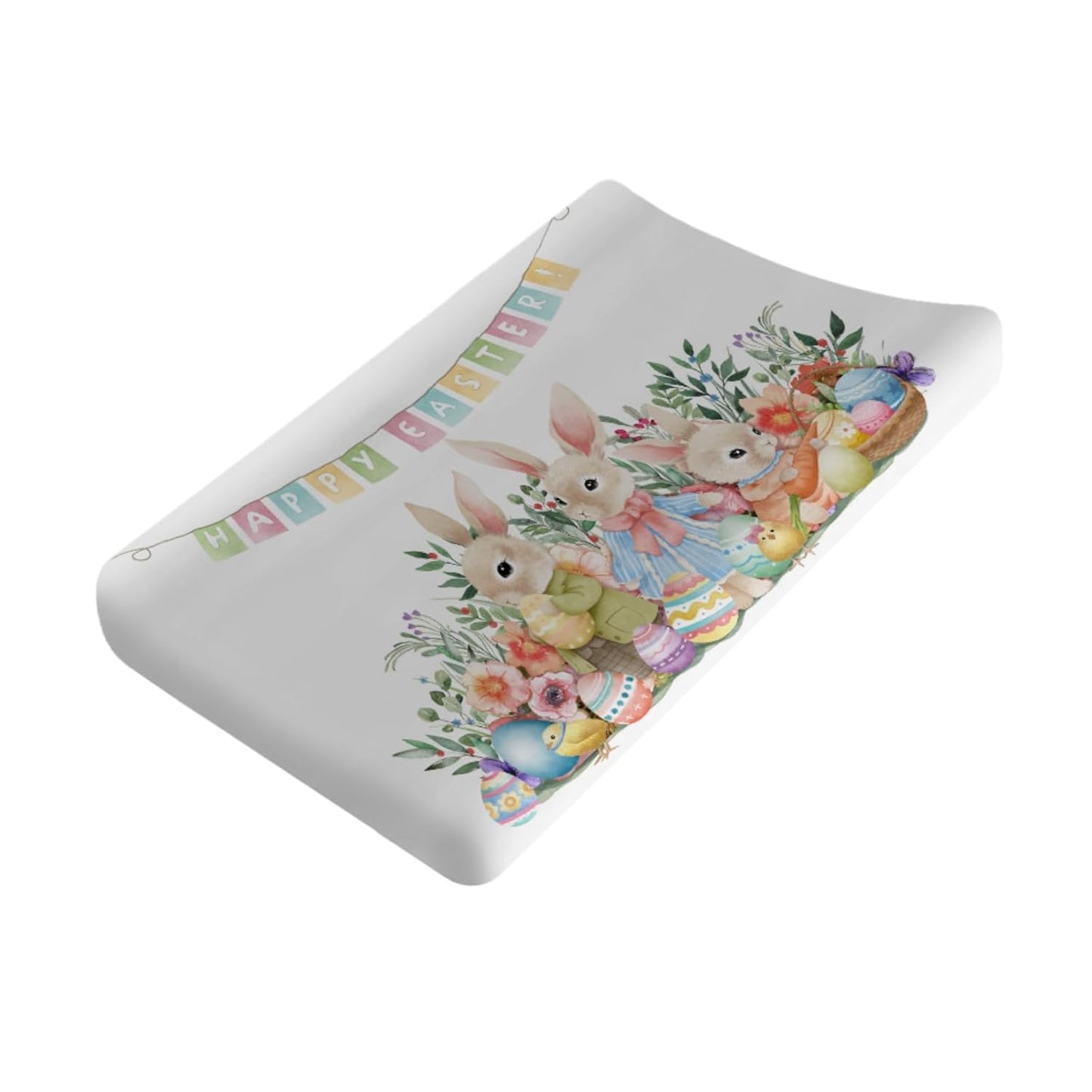 Happy Easter Bunny Eggs Changing Pad Cover Spring Rabbits Chicks Grass Flowers Leaves Garden Diaper Changing Table Cover Sheets for Boy Girl Soft Stretchy Change Table Pad Mats Covers 32''x16''