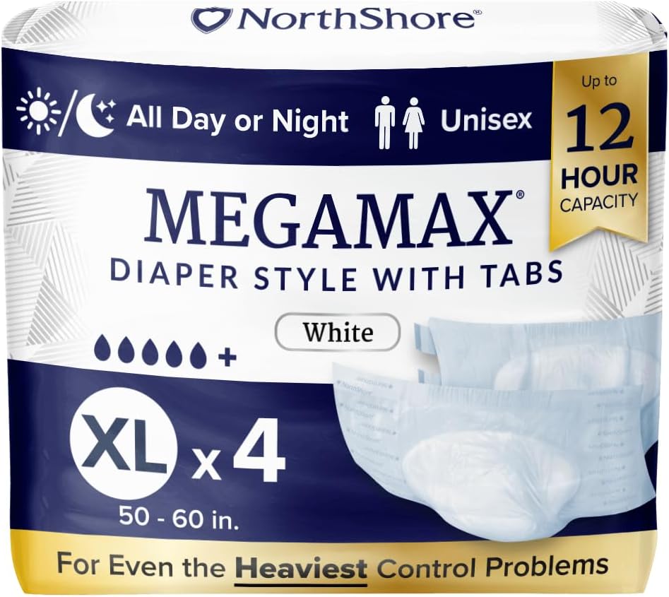 NorthShore MegaMax Adult Overnight Diapers, 12-Hour Tab-Style, X-Large, 4 Count Starter Pack, White, 50-60 inches, Unisex Incontinence Underwear