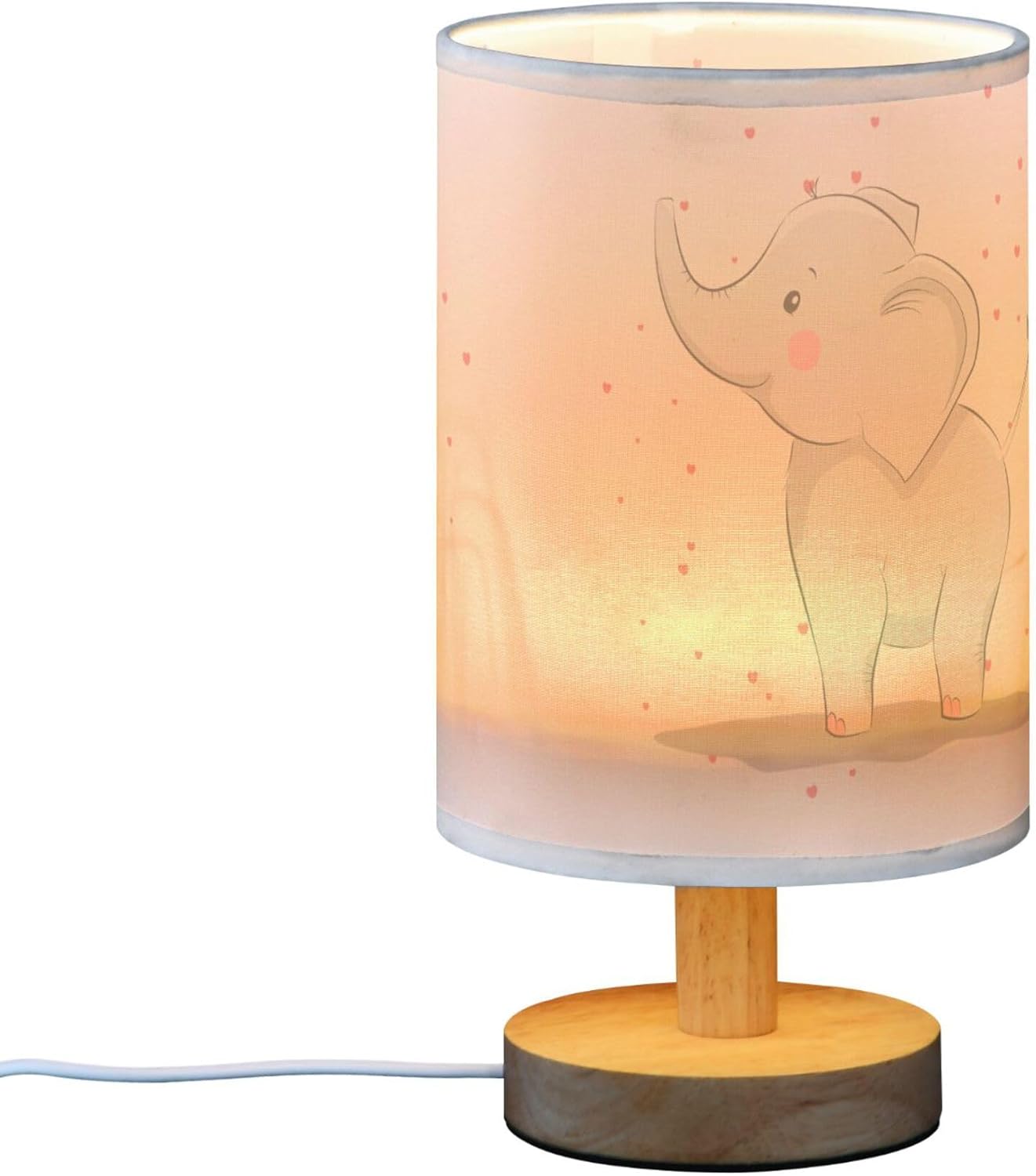 Table Lamp Cute Elephant Baby with Love Heart Valentines Day White Nightstand Lamp with Wood Base Fabric Lamp Shade Bedside Desk Lamp for Living Room Bedroom Kids Room Office