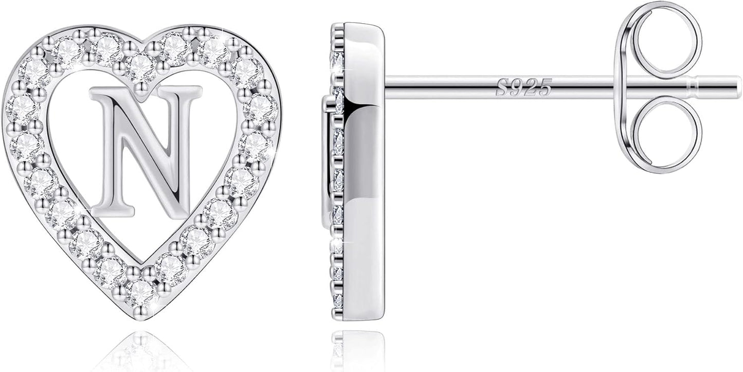 Anoup Christmas Gifts for Grandkids Girls Earrings - S925 Sterling Silver Post CZ Hypoallergenic Stud Heart Initial Earrings for Women Kids Jewelry Stocking Stuffers for Teen Girls Birthday Gifts
