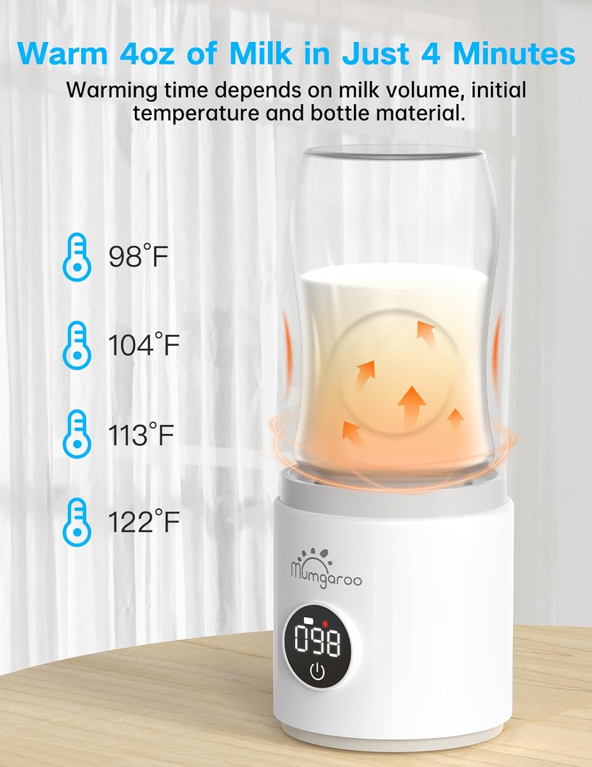 Bottle Warmer, Portable Bottle Warmer, Fast Heating Baby Bottle Warmer with 4 Adapters, Rechargeable Travel Bottle Warmer with Precise Temperature Control for Breastmilk Formula