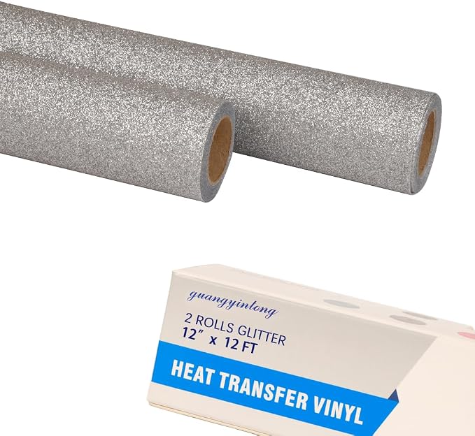 guangyintong Glitter Silver Heat Transfer Vinyl HTV Rolls, 2 Rolls 12" x 12ft