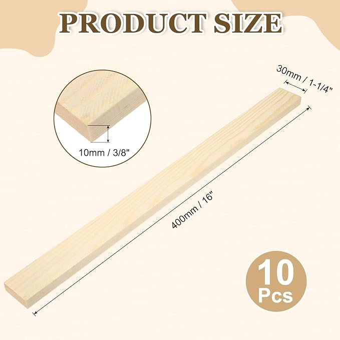 MECCANIXITY 10Pcs Wood Strips Slats, 3/8" x 1‑1/4" x 16" Thin Wood Sticks Flat