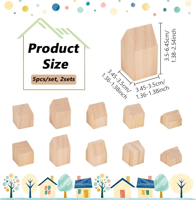 NBEADS 10 Pcs Unfinished Wooden House Shaped Blocks, Large Wood Blocks