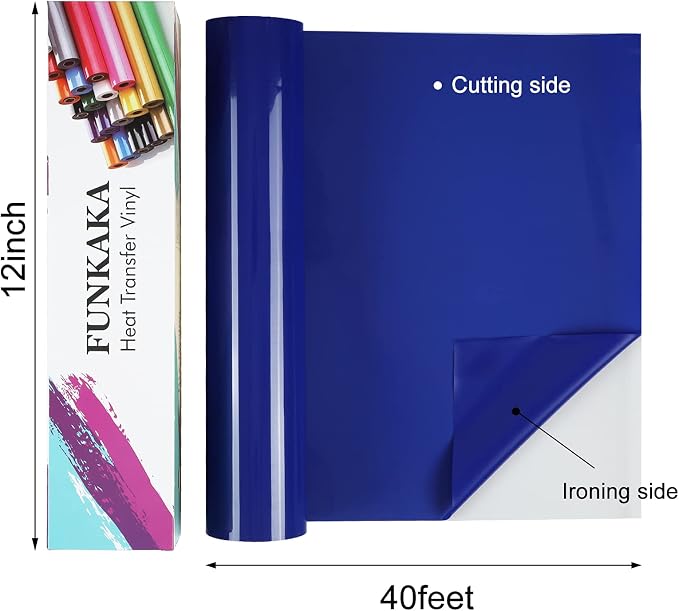 FUNKAKA Blue Heat Transfer Vinyl Rolls, Adhesive Glossy HTV Vinyl