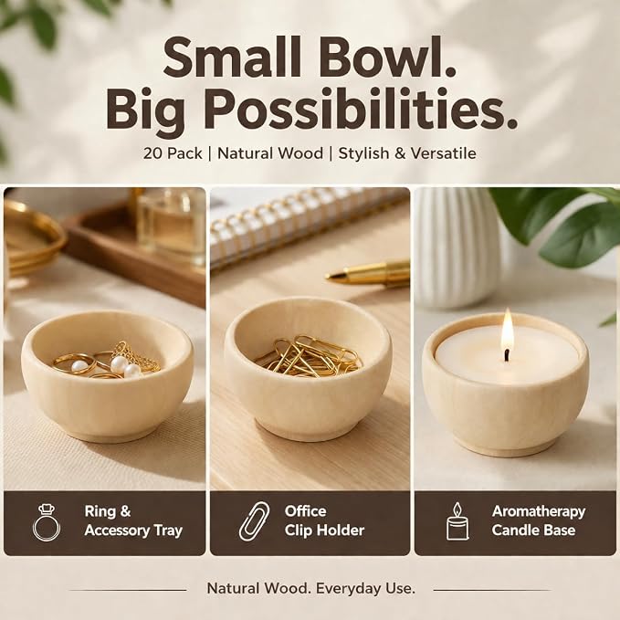 ZENFUN 20 Pack Wooden Pinch Bowls, Mini Unfinished Bowl Set